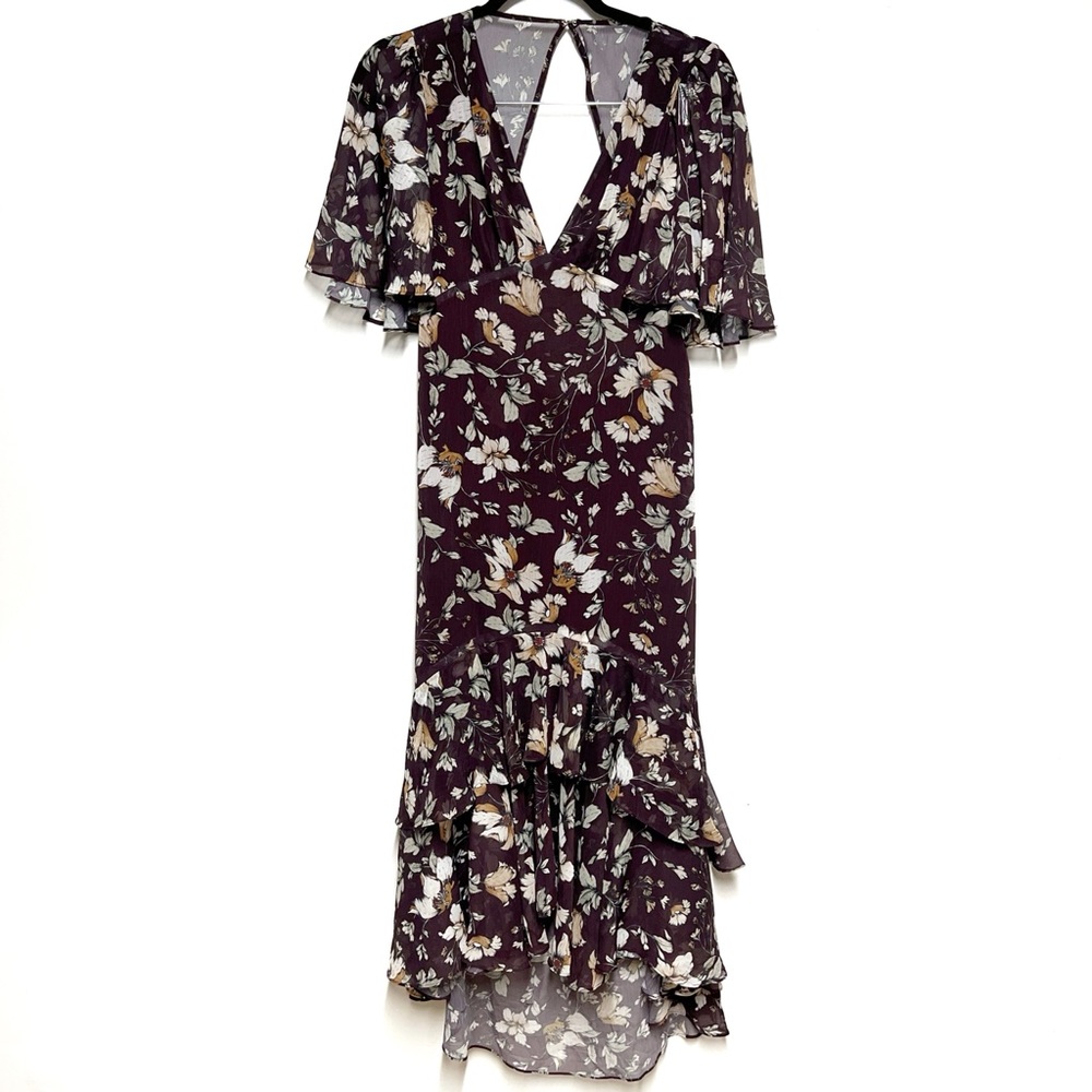 Jenny Yoo Sonia V-neck Plum floral multi Print Chiffon Dress Sz 6